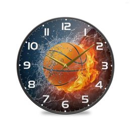 Wall Clocks Creative Basketball Print Acrylic Round Silent Clock Non Ticking Battery Operated Hanging Watch Gold Needle Home Decor