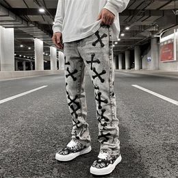 Men's Jeans Retro Washed Grey PU Leather Bone Embroidery Casual Denim Trousers for Men Straight Oversize Streetwear Loose Pants 220930