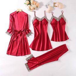 Home Clothing Silky Kimono Gown Female Sexy Robe Sets Satin Women Pyjamas Suit 4 Pieces Nightwear Lace Intinare Lingerie Lounge Wear