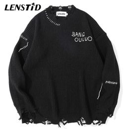 Men's Sweaters LENSTID Men Hip Hop Knitted Jumper Destroy Ripped Striped Streetwear Harajuku Autumn Oversize Casual Pullovers 220930