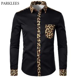 Men's Casual Shirts Splice Leopard Printed with Pocket Dress Long Sleeve Fashion Brand s Button Camisas Hombre USA 220930