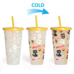 2022 Creative Drinkware Cold Color-changing Plastic Cups Halloween Decoration Juice Cup With Lid and Straw DH84