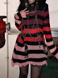 Women's Sweaters Gothic Knitted Sweater Women Striped Pullovers Winter Long Tops Ladies Loose Thin Punk Grunge Jumpers Female Streetwear