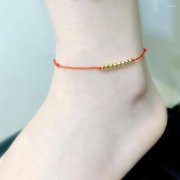 Anklets NYMPH Real 18K AU750 Gold Ball Anklet Adjustable Red Rope For Women Fine Jewelry Gift J570