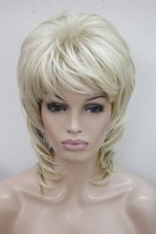 elegant medium length blonde mix layered 15" long natural wavy synthetic wig