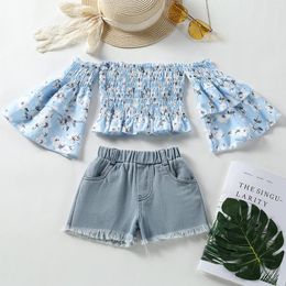Clothing Sets 2-7Y Summer Lovely Kids Girls 2pcs Clothes Off Shoulder Flowers Printed Long Flare Sleeve T Shirts Denim Shorts