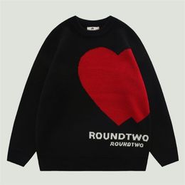 Men's Sweaters Hip Hop Knitted Harajuku Vintage Heart Letter Printed Jumpers Autumn Winter Casual O-Neck Loose Pullovers Couples 220930