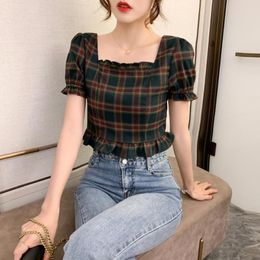 Women's Blouses Women Short Shirt Tops Summer Vintage Puff Sleeve Plaid Square Neck Waist Tight Top Blouse Sleeves Femen Girls