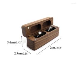 Jewelry Pouches H9ED Wedding Ring Holder Box Walnut Wood Modern For 2 Ceremony Rustic Double Storage Case