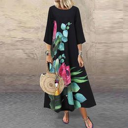 Casual Dresses Plus Size Women Vintage Floral Pattern Long Dress Summer Round Neck Loose Mid Sleeve Ethnic Style