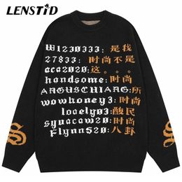 Men's Sweaters LENSTID Autumn Men Knitted Jumper Hip Hop Chinese Kanji Graphic Streetwear Harajuku Casual Knit Pullovers Hipster 220930