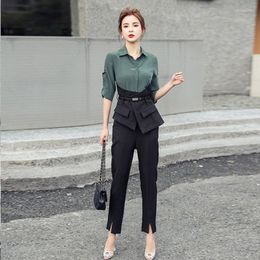 Women's Tracksuits Women Shirt Trouser Suit Fashion Spring Autumn Single Breasted Plaid Belt Patchwork Formal Pencil Work Wear Pants Set