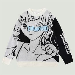 Men's Sweaters Japanese Manga Girls Cartoon Printed Knitted Mens Hip Hop Harajuku Casual Cotton Oversized Loose Pullovers Unisex 220930