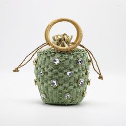 Evening Bags Handmade Rhinestone Crystal Embellished Top-handle Bag 2022 Small Straw Rattan Bucket Lady Travel Purses And Handbags