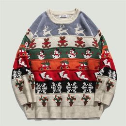 Men's Sweaters Hip Hop Christmas Elk Snowman Printed Knitted Couples Streetwear Harajuku Vintage Casual Crewneck Loose Pullovers Male 220930