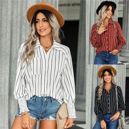 Women's Blouses Temperament Fall Winter Lapel Stripe Shirts Casual Long Sleeves Loose Cardigan Buttons Elegant Ladies Office Coat