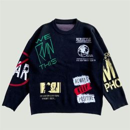 Men's Sweaters Harajuku Letters Graffiti Knitted Mens Fashion Streetwear Hip Hop Oversize Loose Casual Pullovers Sweater Unisex Tops 220930