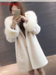 Faux Fur Added Cotton and Thickened 2022 Hooded Sheep Sheared Coat Women Medium Length Slim Fit Winter Y2209