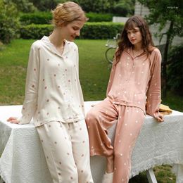 Home Clothing 2022 Women Lounge Wear Casual Viscose 2PCS Pyjamas Set Soft Shirt&Pants Lingerie Loose Print Dot Pyjamas Clothes