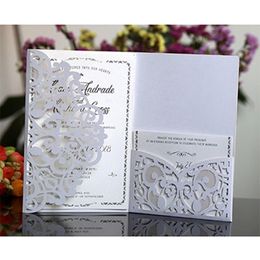 Greeting Cards 50pcs Blue White Elegant Hollow Laser Cut Wedding Invitation Customize Business With RSVP Party Supplies 220930