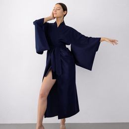 Women's Sleepwear Sexy Broken Sleeve Kimono Blue Robe Nightgown Women Long Sleepdress V Neck Silk Cardigan With Straps Home Dress Clothing