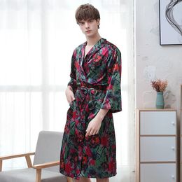 Men's Sleepwear Men Satin Robe Lovers Nightgown Print Kimono Bathrobe Gown Home Clothing Casual Homewear Nightwear Big Size 3XL