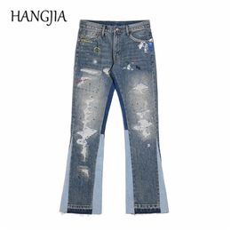 Men's Jeans Blue Washed Destroyed Flared Pants Hip Hop Graffiti Ripped for Men Women Streetwear Vintage Patchwork Wide 220930