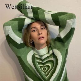 Women's Sweaters Y2K Green Aesthetics Heart Striped Turtleneck Sweet Pullovers Knitted Crop Top Long Sleeve Harajuku 90s Knitwear 220929