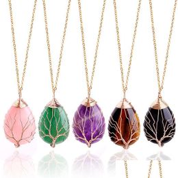 Pendant Necklaces Oval Natural Stone Necklace Pendant Jewellery Copper Line Wrapped Tree Of Life Necklaces For Women Charm Dr Mjfashion Dhzjx