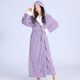 Women's Sleepwear Winter Long Kimono Bathrobe Gown Thicken Flannel Nightgown Women Robe Loose Hooded Coral Fleece Home Dress Nightwear