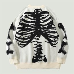 Men's Sweaters Streetwear Vintage Skull Printed Knitted Mens Harajuku Hip Hop Oversize Loose O-Neck Cotton Pullover Unisex Autumn 220930