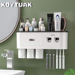 Toothbrush Holders Wall-mounted Holder Storage Rack Double Automatic Toothpaste Squeezer Dispenser Waterproof Bathroom Accessories Home 220929