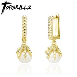 Stud Earrings TOPGRILLZ 2022 Women's Earring Chinese Style Dragon Claw Pearl High Quality Copper Gold Personality Jewelry