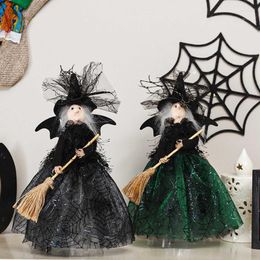 Party Decoration Halloween 28.5cm Witch Doll Holding Broom Festival Desktop Ornament Adults Kids Dolls Toys Gift Props