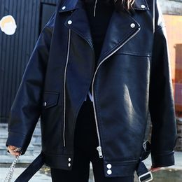 Women's Leather Faux Sungtin Korean Jacket Women Belt Oversize BF Style Punk PU Streetwear High Street Biker Coat 220930
