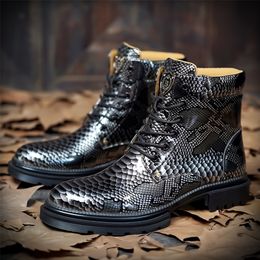 Boots Men Designer Autumn Fashion Ankle Round Toe Snake Pattern Shoes Spring Leisure Martin Leather Short 220929