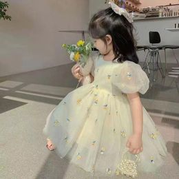 Girl Dresses Puff Sleeve Fairy Girls Princess Dress Green Flower Tutu Clothing Fancy Embroidery Tulle Ins Fashion Costume Cosplay