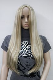 New bangs honey ash blonde mix long straight synthetic hair women's full wig