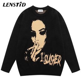 Men's Sweaters LENSTID Autumn Men Oversized Knitted Hip Hop Smoking Girl Graphic Jumper Streetwear Harajuku Fashion Casual Pullovers 220930