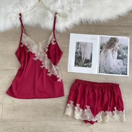 Home Clothing Lace Patchwork Pyjamas Set Sleepwear Sexy Women PJS Suit Satin Strap Top&Shorts 2PCS Nightwear 2022 Clothes Pyjamas