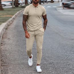 New Men define o traje casual de verão masculino fitness sólido ateme esportivo de traje pólo de duas peças