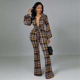 Women's Jumpsuits Rompers Oein Lady Elastic Skinny Plaid Turn-Down Collar Lace Up Womens Jumpsuit Fashion Full Sleeve Casual 220929