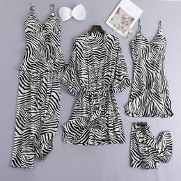 Home Clothing Satin Pyjamas Set Women Kimono Robe Gown Sexy 5PCS Sleepwear Casual Pyjamas Lounge Wear Loose Striped Lingerie Bathrobe