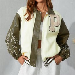 Women's Jackets Puloru Autumn Street Style Baseball For Women Letters Print PU Leather Patchwork Long Sleeves Zip Up Loose Outerwear