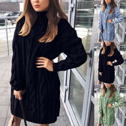 Casual Dresses Sweater Female 2022 Long Sleeve Turtleneck Twist Knitted Mini Dress Women Winter Loose Khaki Blue Clothes Solid