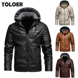 Men's Leather Faux Fleece Liner PU Jackets Coats with Hood Autumn Winter Casual Motorcycle Jacket For Men Windbreaker Biker 220930