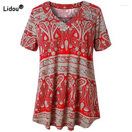 Shirt V-Neck Vintage Printing Plus Size Clothes Pullover Tunic Top Summer For Women England Medium And Long Short Sleeve Loose