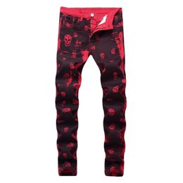 Men's Jeans Arrivals Skull Print Tie Dye Men Hip Hop Pencil Trousers Red Punk Women Casual Slim Denim Pants Pantalones Hombre 220930