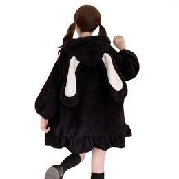 Women's Wool Winter Women Cute Ear Hoodie Coat Solid Fuzzy Fluffy Long Sleeve With Pom Poms Girls Loose Warm Plus Size