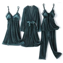 Home Clothing Striped Women Pyjamas 4PCS Velour Sleepwear Sexy Nightwear Kimono Bathrobe Gown Soft Pijamas Suit With Lace Lounge Wear